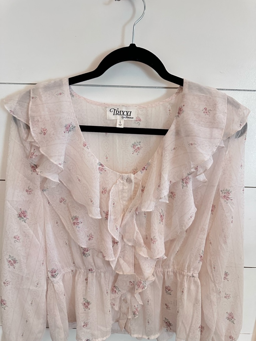 TRIXXI L Greta Pale Pink ditzy floral ruffled chest & sleeve sheer button blouse - Picture 4 of 14